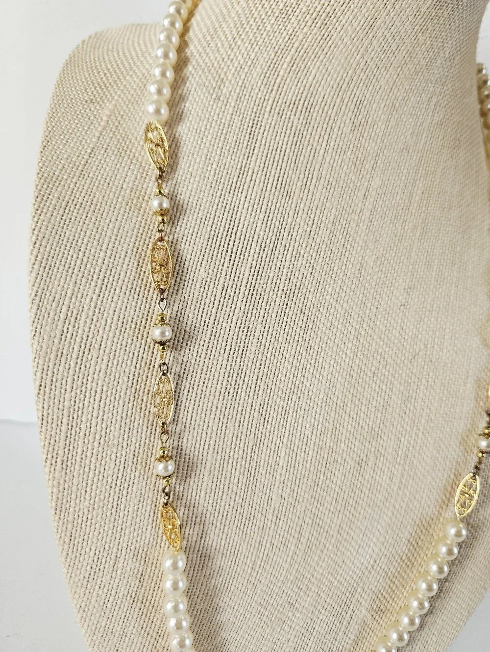 Vintage Faux Pearl Gold Filigree Scrollwork Opera Length Linked Station Necklace